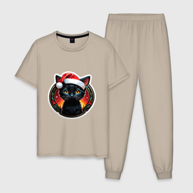 Мужская пижама хлопок с принтом Черный котенок в праздничной новогодней шапке в Екатеринбурге, 100% хлопок | брюки и футболка прямого кроя, без карманов, на брюках мягкая резинка на поясе и по низу штанин
 | Тематика изображения на принте: 