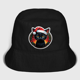 Мужская панама хлопок с принтом Черный котенок в праздничной новогодней шапке в Тюмени,  |  | Тематика изображения на принте: 