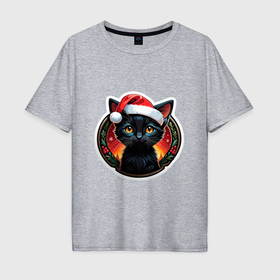 Мужская футболка хлопок Oversize с принтом Черный котенок в праздничной новогодней шапке в Тюмени, 100% хлопок | свободный крой, круглый ворот, “спинка” длиннее передней части | Тематика изображения на принте: 