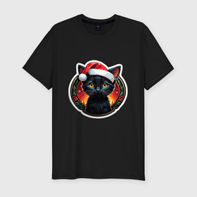 Мужская футболка хлопок Slim с принтом Черный котенок в праздничной новогодней шапке в Екатеринбурге, 92% хлопок, 8% лайкра | приталенный силуэт, круглый вырез ворота, длина до линии бедра, короткий рукав | Тематика изображения на принте: 