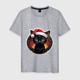Мужская футболка хлопок с принтом Черный котенок в праздничной новогодней шапке в Тюмени, 100% хлопок | прямой крой, круглый вырез горловины, длина до линии бедер, слегка спущенное плечо. | Тематика изображения на принте: 