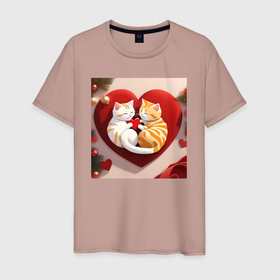 Мужская футболка хлопок с принтом Котята с сердчком в Белгороде, 100% хлопок | прямой крой, круглый вырез горловины, длина до линии бедер, слегка спущенное плечо. | 