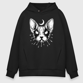 Мужское худи Oversize хлопок с принтом Night sphynx в Тюмени, френч-терри — 70% хлопок, 30% полиэстер. Мягкий теплый начес внутри —100% хлопок | боковые карманы, эластичные манжеты и нижняя кромка, капюшон на магнитной кнопке | 