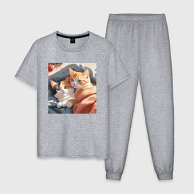 Мужская пижама хлопок с принтом Милые котята под одеялом в Тюмени, 100% хлопок | брюки и футболка прямого кроя, без карманов, на брюках мягкая резинка на поясе и по низу штанин
 | 