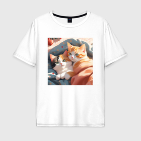 Мужская футболка хлопок Oversize с принтом Милые котята под одеялом в Тюмени, 100% хлопок | свободный крой, круглый ворот, “спинка” длиннее передней части | 