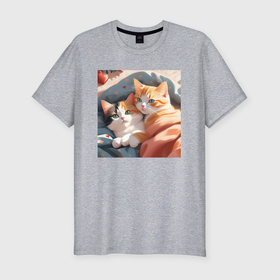 Мужская футболка хлопок Slim с принтом Милые котята под одеялом , 92% хлопок, 8% лайкра | приталенный силуэт, круглый вырез ворота, длина до линии бедра, короткий рукав | 