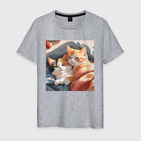Мужская футболка хлопок с принтом Милые котята под одеялом в Курске, 100% хлопок | прямой крой, круглый вырез горловины, длина до линии бедер, слегка спущенное плечо. | 