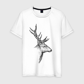 Мужская футболка хлопок с принтом Голова оленя профиль в Санкт-Петербурге, 100% хлопок | прямой крой, круглый вырез горловины, длина до линии бедер, слегка спущенное плечо. | 
