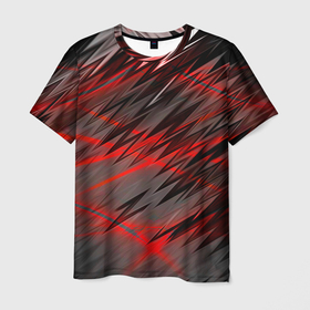Мужская футболка 3D с принтом Красные полосы надрезы , 100% полиэфир | прямой крой, круглый вырез горловины, длина до линии бедер | 