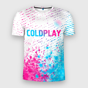 Мужская футболка 3D Slim с принтом Coldplay neon gradient style посередине , 100% полиэстер с улучшенными характеристиками | приталенный силуэт, круглая горловина, широкие плечи, сужается к линии бедра | 