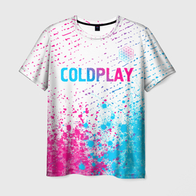 Мужская футболка 3D с принтом Coldplay neon gradient style посередине , 100% полиэфир | прямой крой, круглый вырез горловины, длина до линии бедер | 