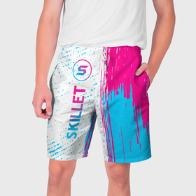 Мужские шорты 3D с принтом Skillet neon gradient style по вертикали ,  полиэстер 100% | прямой крой, два кармана без застежек по бокам. Мягкая трикотажная резинка на поясе, внутри которой широкие завязки. Длина чуть выше колен | 