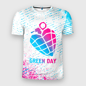 Мужская футболка 3D Slim с принтом Green Day neon gradient style в Санкт-Петербурге, 100% полиэстер с улучшенными характеристиками | приталенный силуэт, круглая горловина, широкие плечи, сужается к линии бедра | 