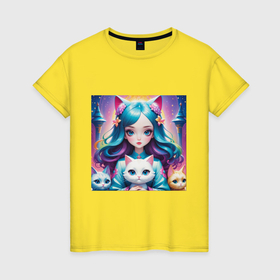 Женская футболка хлопок с принтом Аниме девочка с котятами в Курске, 100% хлопок | прямой крой, круглый вырез горловины, длина до линии бедер, слегка спущенное плечо | 