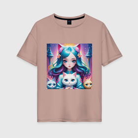Женская футболка хлопок Oversize с принтом Аниме девочка с котятами в Курске, 100% хлопок | свободный крой, круглый ворот, спущенный рукав, длина до линии бедер
 | 