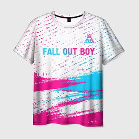 Мужская футболка 3D с принтом Fall Out Boy neon gradient style посередине в Курске, 100% полиэфир | прямой крой, круглый вырез горловины, длина до линии бедер | 