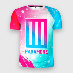 Мужская футболка 3D Slim с принтом Paramore neon gradient style в Кировске, 100% полиэстер с улучшенными характеристиками | приталенный силуэт, круглая горловина, широкие плечи, сужается к линии бедра | 