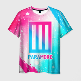 Мужская футболка 3D с принтом Paramore neon gradient style в Санкт-Петербурге, 100% полиэфир | прямой крой, круглый вырез горловины, длина до линии бедер | Тематика изображения на принте: 