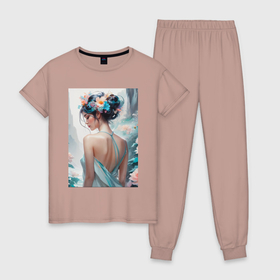Женская пижама хлопок с принтом Девушка с цветами на голове акварель , 100% хлопок | брюки и футболка прямого кроя, без карманов, на брюках мягкая резинка на поясе и по низу штанин | 
