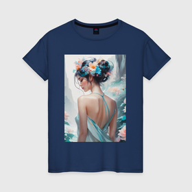 Женская футболка хлопок с принтом Девушка с цветами на голове акварель в Екатеринбурге, 100% хлопок | прямой крой, круглый вырез горловины, длина до линии бедер, слегка спущенное плечо | 