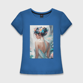 Женская футболка хлопок Slim с принтом Девушка с цветами на голове акварель ,  |  | 