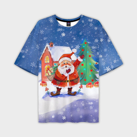 Мужская футболка oversize 3D с принтом Дед Мороз с мешком и елкой в Курске,  |  | Тематика изображения на принте: 