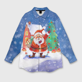 Мужская рубашка oversize 3D с принтом Дед Мороз с мешком и елкой в Курске,  |  | Тематика изображения на принте: 
