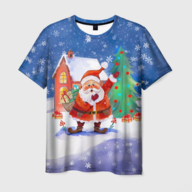 Мужская футболка 3D с принтом Дед Мороз с мешком и елкой в Петрозаводске, 100% полиэфир | прямой крой, круглый вырез горловины, длина до линии бедер | 