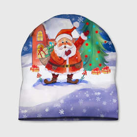 Шапка 3D с принтом Дед Мороз с мешком и елкой в Курске, 100% полиэстер | универсальный размер, печать по всей поверхности изделия | Тематика изображения на принте: 