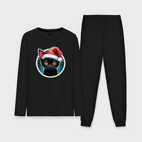 Мужская пижама с лонгсливом хлопок с принтом Милый черный котенок в праздничной новогодней шапке ,  |  | 