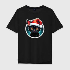 Мужская футболка хлопок Oversize с принтом Милый черный котенок в праздничной новогодней шапке в Екатеринбурге, 100% хлопок | свободный крой, круглый ворот, “спинка” длиннее передней части | Тематика изображения на принте: 