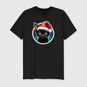 Мужская футболка хлопок Slim с принтом Милый черный котенок в праздничной новогодней шапке в Екатеринбурге, 92% хлопок, 8% лайкра | приталенный силуэт, круглый вырез ворота, длина до линии бедра, короткий рукав | 