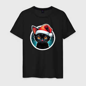 Мужская футболка хлопок с принтом Милый черный котенок в праздничной новогодней шапке в Тюмени, 100% хлопок | прямой крой, круглый вырез горловины, длина до линии бедер, слегка спущенное плечо. | 