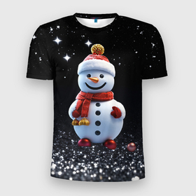 Мужская футболка 3D Slim с принтом Милый снеговик на Рождество в Тюмени, 100% полиэстер с улучшенными характеристиками | приталенный силуэт, круглая горловина, широкие плечи, сужается к линии бедра | 