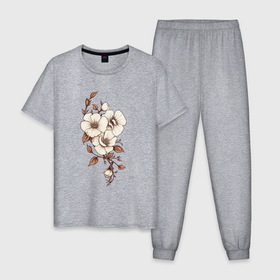 Мужская пижама хлопок с принтом Ветка бежевых цветов в Белгороде, 100% хлопок | брюки и футболка прямого кроя, без карманов, на брюках мягкая резинка на поясе и по низу штанин
 | 