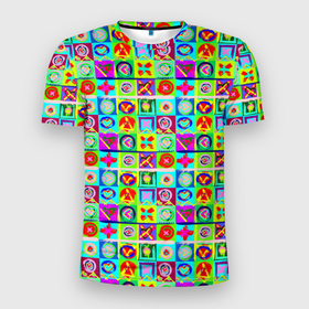 Мужская футболка 3D Slim с принтом Сердца и квадраты абстракция в Екатеринбурге, 100% полиэстер с улучшенными характеристиками | приталенный силуэт, круглая горловина, широкие плечи, сужается к линии бедра | Тематика изображения на принте: 