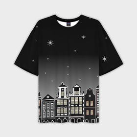 Мужская футболка oversize 3D с принтом Ночной город и звездное небо в Новосибирске,  |  | 