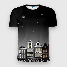 Мужская футболка 3D Slim с принтом Ночной город и звездное небо в Новосибирске, 100% полиэстер с улучшенными характеристиками | приталенный силуэт, круглая горловина, широкие плечи, сужается к линии бедра | Тематика изображения на принте: 