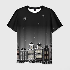 Мужская футболка 3D с принтом Ночной город и звездное небо в Кировске, 100% полиэфир | прямой крой, круглый вырез горловины, длина до линии бедер | Тематика изображения на принте: 