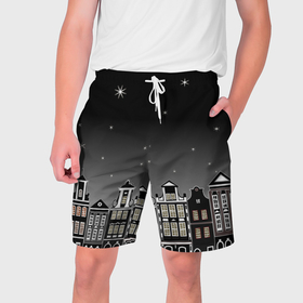 Мужские шорты 3D с принтом Ночной город и звездное небо в Новосибирске,  полиэстер 100% | прямой крой, два кармана без застежек по бокам. Мягкая трикотажная резинка на поясе, внутри которой широкие завязки. Длина чуть выше колен | Тематика изображения на принте: 