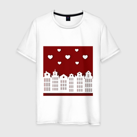 Мужская футболка хлопок с принтом Белые картонные домики и сердца в Петрозаводске, 100% хлопок | прямой крой, круглый вырез горловины, длина до линии бедер, слегка спущенное плечо. | Тематика изображения на принте: 