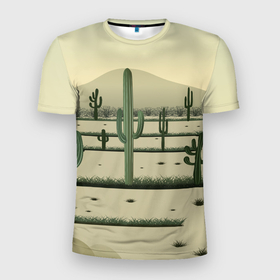 Мужская футболка 3D Slim с принтом Поле кактусов в пустыне в Кировске, 100% полиэстер с улучшенными характеристиками | приталенный силуэт, круглая горловина, широкие плечи, сужается к линии бедра | Тематика изображения на принте: 