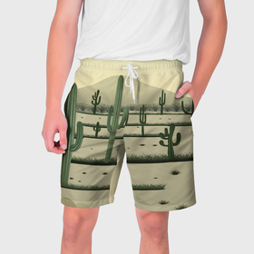 Мужские шорты 3D с принтом Поле кактусов в пустыне в Кировске,  полиэстер 100% | прямой крой, два кармана без застежек по бокам. Мягкая трикотажная резинка на поясе, внутри которой широкие завязки. Длина чуть выше колен | 