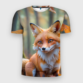 Мужская футболка 3D Slim с принтом Портрет лисы в осеннем лесу , 100% полиэстер с улучшенными характеристиками | приталенный силуэт, круглая горловина, широкие плечи, сужается к линии бедра | 