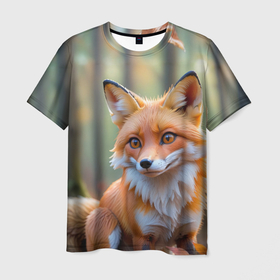 Мужская футболка 3D с принтом Портрет лисы в осеннем лесу в Кировске, 100% полиэфир | прямой крой, круглый вырез горловины, длина до линии бедер | Тематика изображения на принте: 