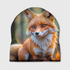 Шапка 3D с принтом Портрет лисы в осеннем лесу в Курске, 100% полиэстер | универсальный размер, печать по всей поверхности изделия | 