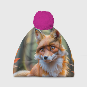 Шапка 3D c помпоном с принтом Портрет лисы в осеннем лесу , 100% полиэстер | универсальный размер, печать по всей поверхности изделия | 