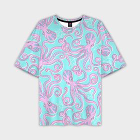 Мужская футболка oversize 3D с принтом Крепкие объятия розовых осьминогов в Курске,  |  | Тематика изображения на принте: 