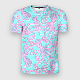 Мужская футболка 3D Slim с принтом Крепкие объятия розовых осьминогов в Курске, 100% полиэстер с улучшенными характеристиками | приталенный силуэт, круглая горловина, широкие плечи, сужается к линии бедра | Тематика изображения на принте: 