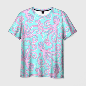 Мужская футболка 3D с принтом Крепкие объятия розовых осьминогов в Курске, 100% полиэфир | прямой крой, круглый вырез горловины, длина до линии бедер | Тематика изображения на принте: 